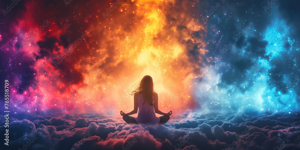 girl in lotus position meditates in cloud in sky. Back of woman on a magic fantastic background - obrazy, fototapety, plakaty 