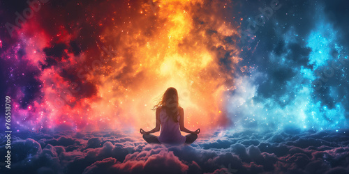 girl in lotus position meditates in cloud in sky. Back of woman on a magic fantastic background