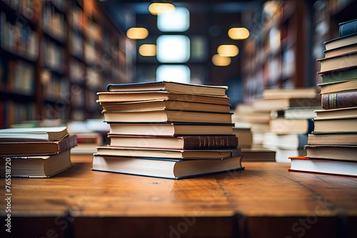 Book in library with old open textbook, stack piles of literature text archive on reading desk, academic education learning concept - generative ai