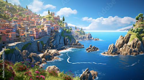 A picturesque coastal village nestled between cliffs