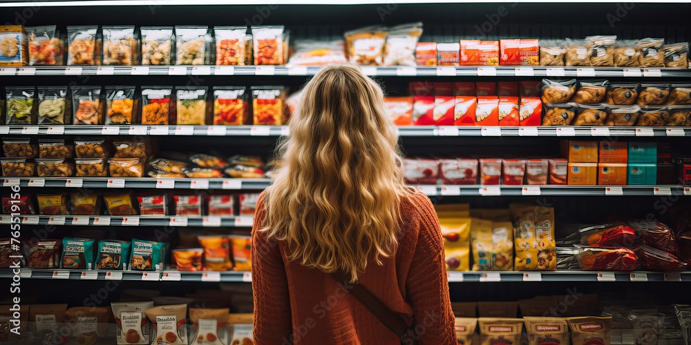 A young blonde woman shopping food product in the shopping centre