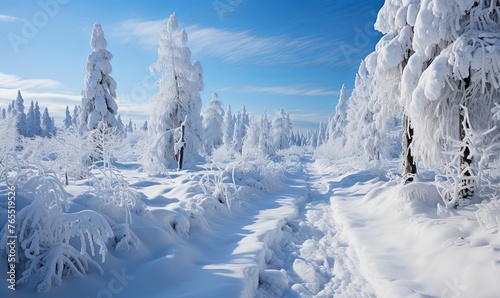Snow Covered Forest With Tall Trees © uhdenis