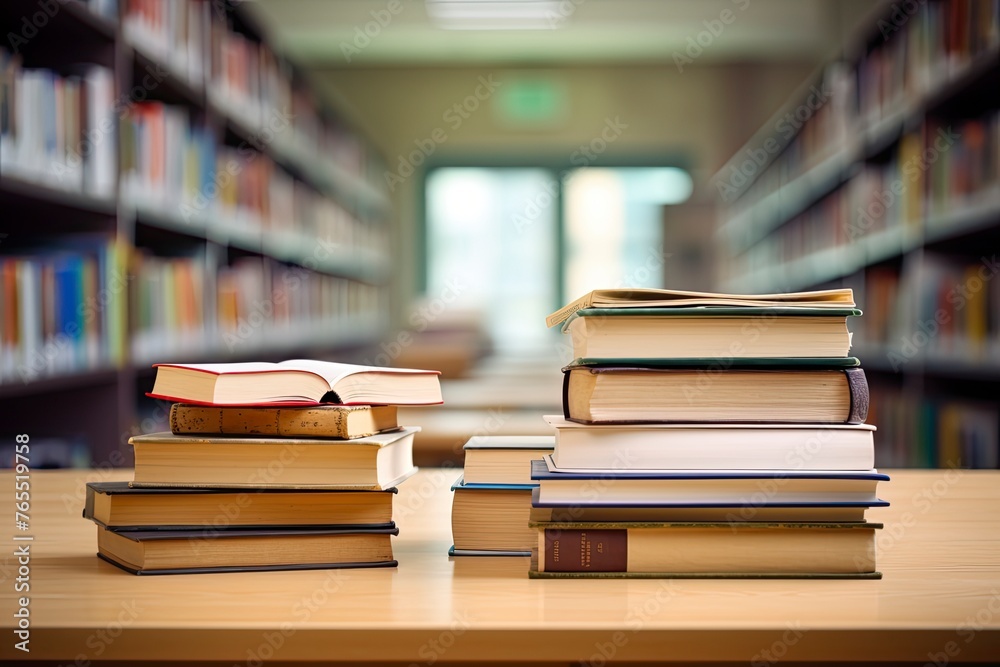 Book in library with old open textbook, stack piles of literature text archive on reading desk, academic education learning concept - generative ai Book in library with old open textbook, stack piles of literature text archive on reading desk, academic education learning concept - generative ai
