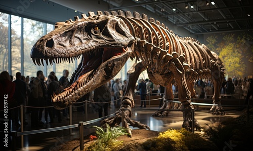 Dinosaur Skeleton Exhibit in Crowded Museum