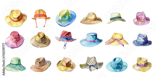 Set of watercolor beach hats on white background.