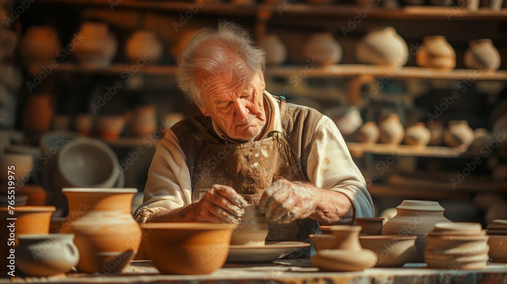 Master potter shapes clay on wheel in sunlit studio Master potter shapes clay on wheel in sunlit studio