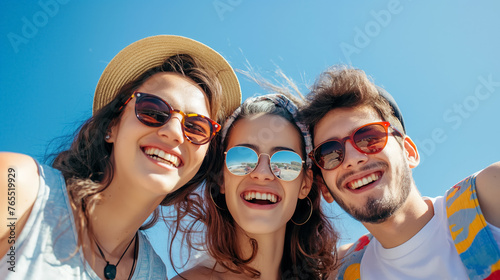Friends taking a sunny group selfie.