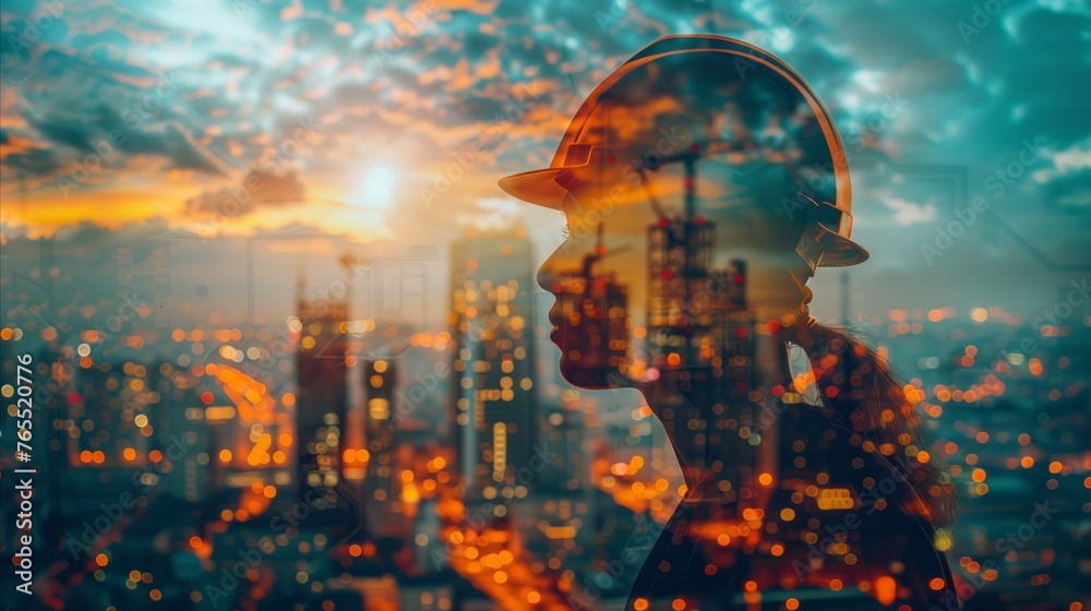 Double exposure of an engineer with cityscape at sunset