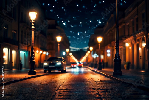 Abstract bokeh background of night street with car and street lamps. City life, defocused lights from cityscape, style color tone. Concept of abstract stylish urban backgrounds for design. Copy space