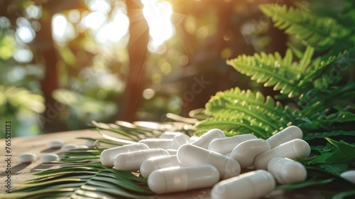 Natural Supplements Concept: Capsules with Herbal Background in Sunlit Nature Setting - AI generated