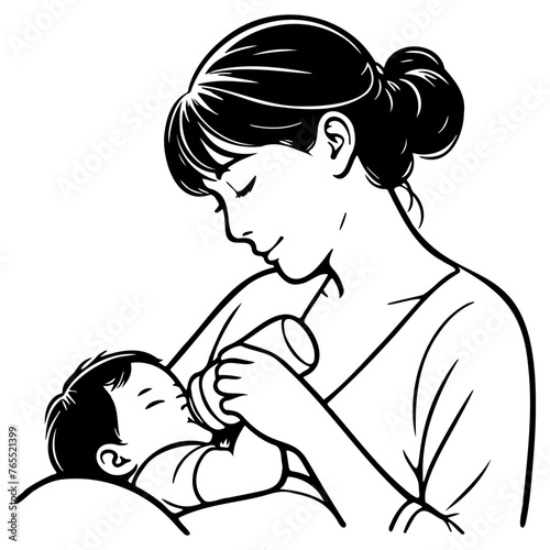 Mother Bottle Feeding Line Illustration.