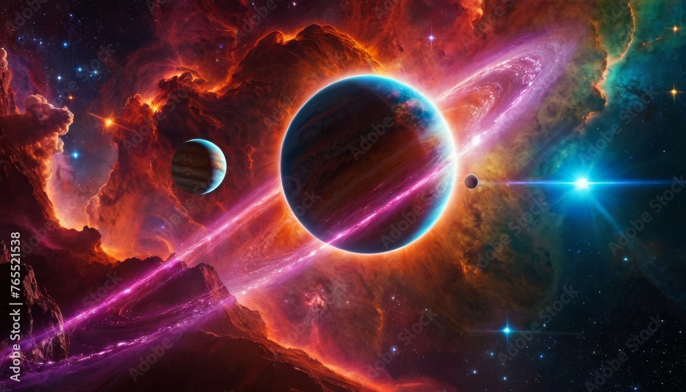 Space scene. Colorful nebula with planet and two trail. Elements furnished