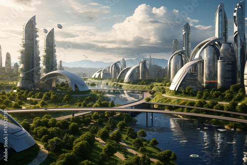 City of the future: futuristic tall buildings with abundance of glass and metal. Around a huge range of greenery, river, aircraft