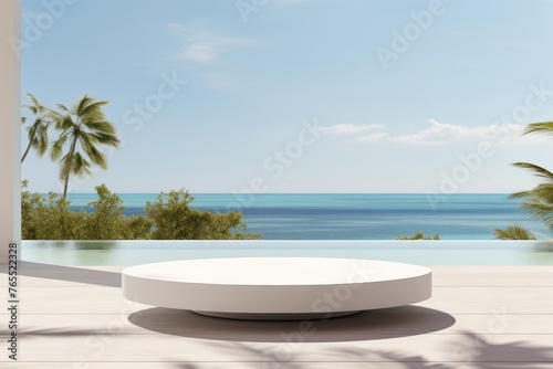 White round product demonstration podium by sea with palm trees and blue sky background