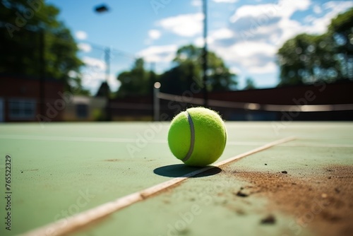 Bright tennis ball on sunny court, copy space for text or design, sport background