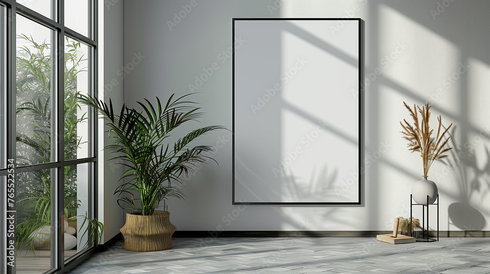 Room with window, Frame mockup on white wall, White vertical frame on white wall. 3d illustration. frame with blank poster mockup on wooden table with green plant in pot. Blank A4 hanging poster Room with window, Frame mockup on white wall, White vertical frame on white wall. 3d illustration. frame with blank poster mockup on wooden table with green plant in pot. Blank A4 hanging poster
