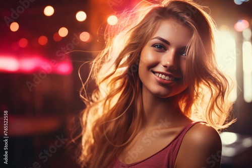 Young jubilant woman reveling in the vibrant and lively atmosphere of a nightclub setting
