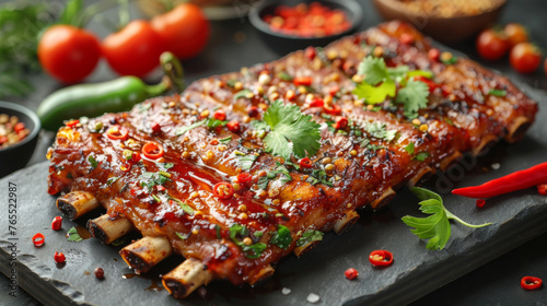 Succulent glazed barbecue ribs garnished with herbs and chili, served on a dark slate background.