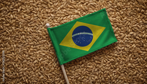 Brazil flag on a background of wheat grain. Concept of grain deal and world food security. Texture or backdrop