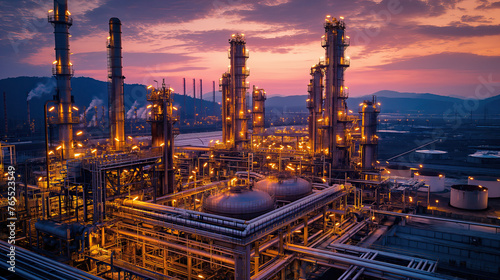 An oil and gas refinery operates against a dusk backdrop, the intricate network of pipes and towers illuminated as they process vital energy resources