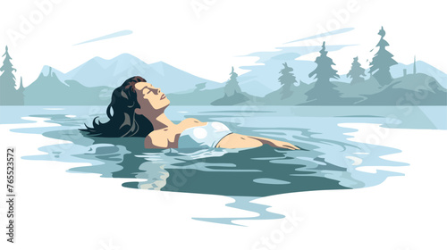 Young woman floating on the water .. Flat vector 