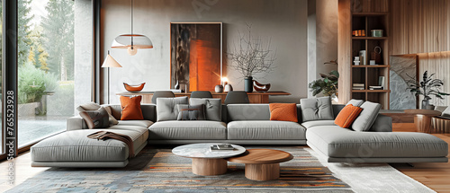 Spacious living room with a textured gray sectional, layered rugs, and a balanced mix of wood and marble coffee tables