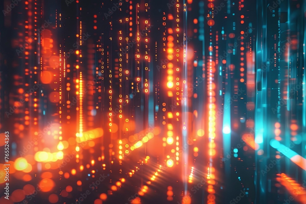 Digital background featuring glowing binary code, orange and blue lights. Abstract digital art with numbers in the foreground Digital background featuring glowing binary code, orange and blue lights. Abstract digital art with numbers in the foreground