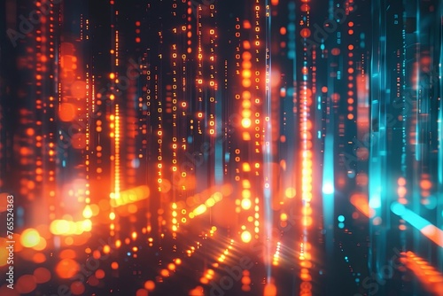 Digital background featuring glowing binary code, orange and blue lights. Abstract digital art with numbers in the foreground