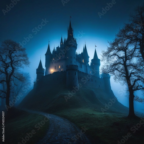 Fantasy castle in the dark night with a foggy landscape 