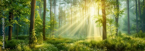 panoramic view of a beautiful green forest with tall trees and sunlight shining through the leaves  Forest panorama with sun rays