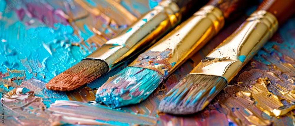 Fototapeta premium Three brushes on a table with vibrant acrylic paints spread out