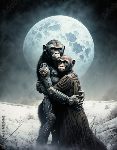 Magnifique portrait d'un couple de singes enlacés, une lune blanche en arrière plan, le décor est enneigé de nuit,  le mâle a un corps de robot, la femelle porte un vêtement en tissu brun sombre  photo