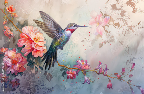 A hummingbird hovering near vibrant flowers  with its iridescent plumage and long beak creating an enchanting scene of nature s beauty