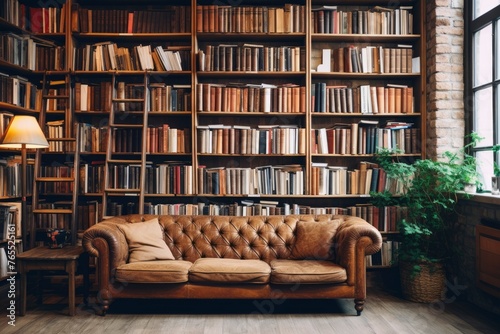 Bookshelves in the library. Large bookcase with lots of books. Sofa in the room for reading books. Library or shop with bookcases. Cozy book background. Bookish, bookstore, bookshop - generative ai photo