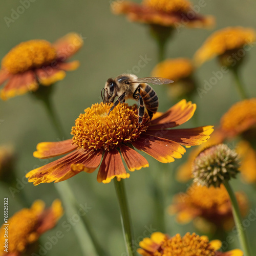 bee on helenium flowers - close up