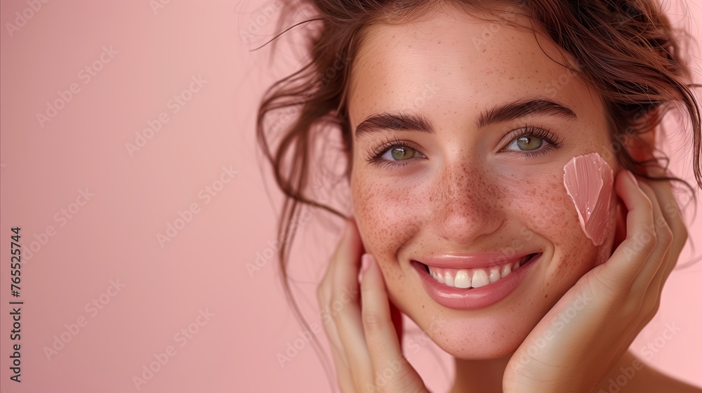 Smiling woman with a joyful expression on a pink background Smiling woman with a joyful expression on a pink background