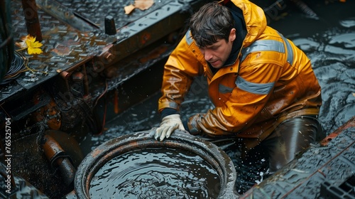 Worker in protective gear unclogs a wet manhole photo