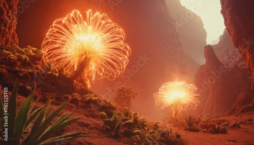 Alien plant life, resembling glowing anemones, thrives in a mysterious canyon environment, evoking a sense of extraterrestrial wonder and discovery.