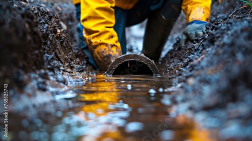 Worker in protective gear diligently unclogs a dirty drain photo