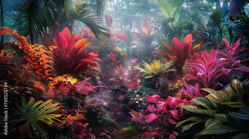 A diverse array of colorful tropical plants and foliage in a dense, misty rainforest environment.