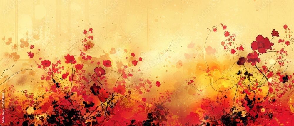 A painting of red, yellow flowers on a yellow background with a splash of paint on the left side A painting of red, yellow flowers on a yellow background with a splash of paint on the left side