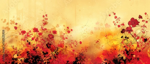  A painting of red, yellow flowers on a yellow background with a splash of paint on the left side