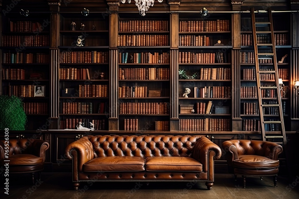 Bookshelves in the library. Large bookcase with lots of books. Sofa in the room for reading books. Library or shop with bookcases. Cozy book background. Bookish, bookstore, bookshop - generative ai Bookshelves in the library. Large bookcase with lots of books. Sofa in the room for reading books. Library or shop with bookcases. Cozy book background. Bookish, bookstore, bookshop - generative ai