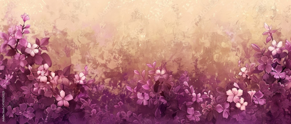  Purple flowers on Beige Background with Pink & Purple Design on Left Side