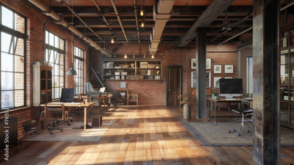 Modern office interior in loft, industrial style with wooden floor , Generative AI Modern office interior in loft, industrial style with wooden floor , Generative AI