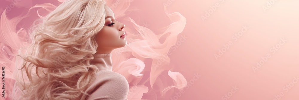 Blonde woman with luxurious healthy hair. Beauty and hair care concept. Pink background. Copy space