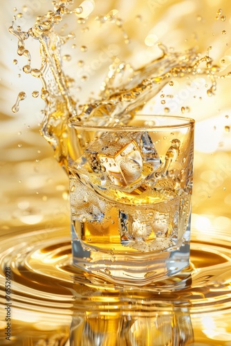 A glass containing water with multiple ice cubes floating in it