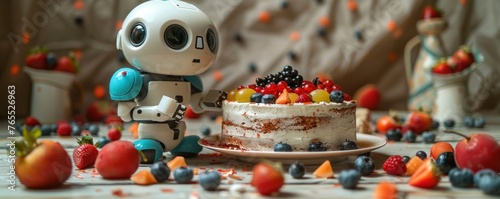 Cartoon Delivery Robot with Cake: Bright Fruits and Berries in Decoration © ЮРИЙ ПОЗДНИКОВ
