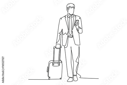 Happy business man goes to work carrying a suitcase while using a smartphone. Group of diverse businesspeople minimalist concept. Lifestyle at city. Work life balance.