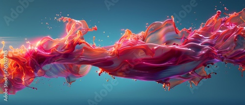 An abstract painting showcases pink, orange, and red fluid against a blue backdrop, with a sun in the foreground